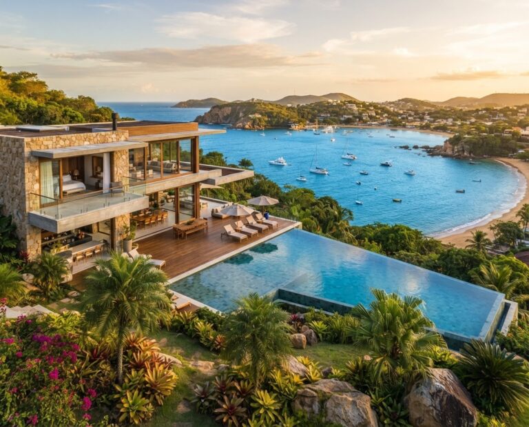 Hospedagem e piscina à beira-mar ao entardecer
