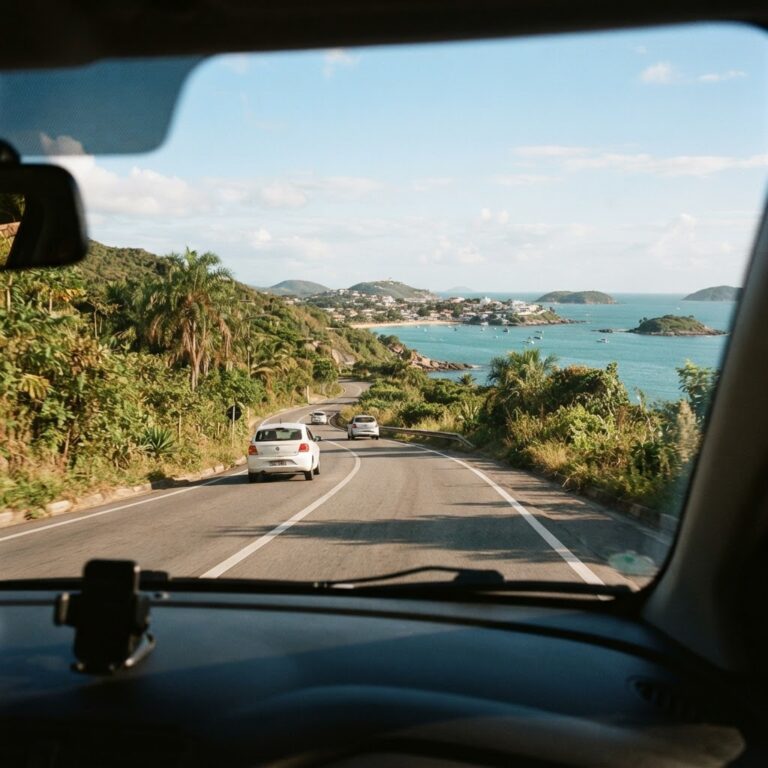 Estrada litorânea vista de dentro de um carro