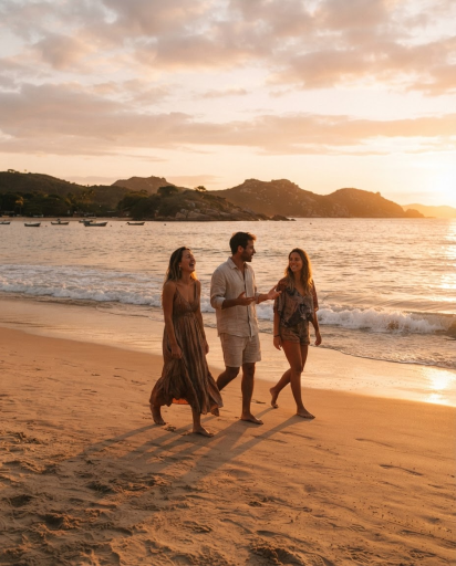 Caminhada na praia ao pôr do sol
