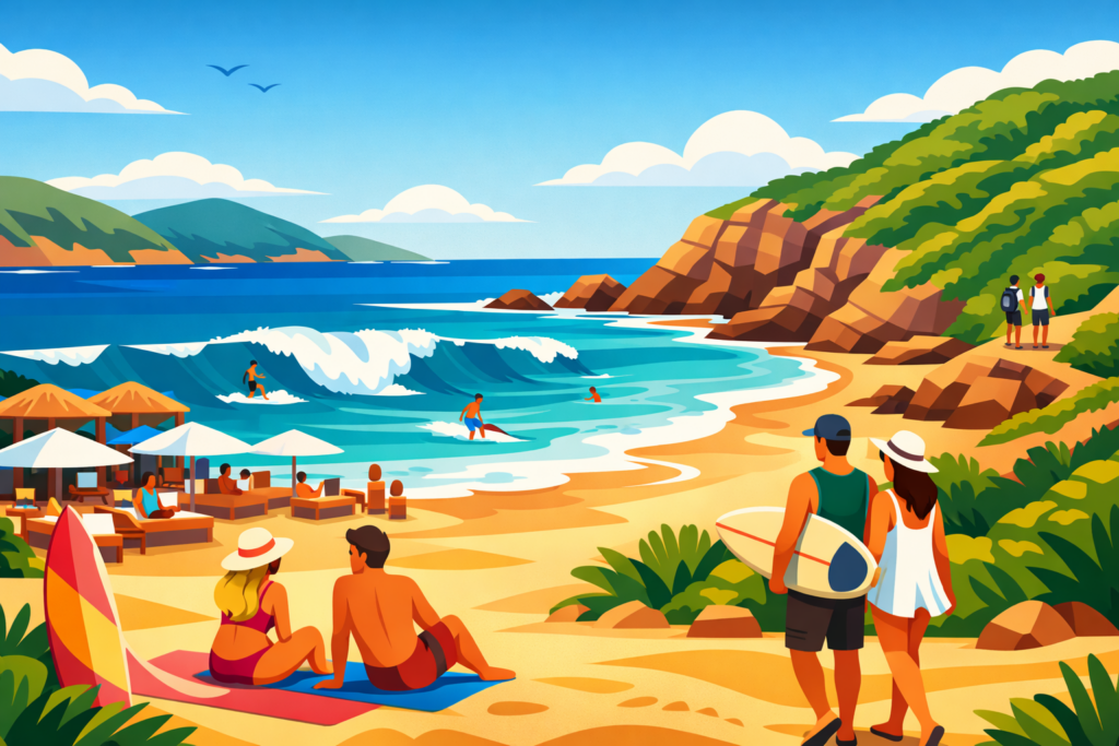 Praia Brava em Búzios com ondas fortes e natureza selvagem
