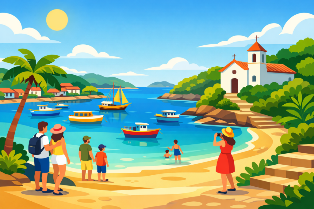 Praia dos Ossos em Búzios com escunas e centro histórico ao fundo