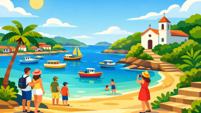 Praia dos Ossos em Búzios com escunas e centro histórico ao fundo